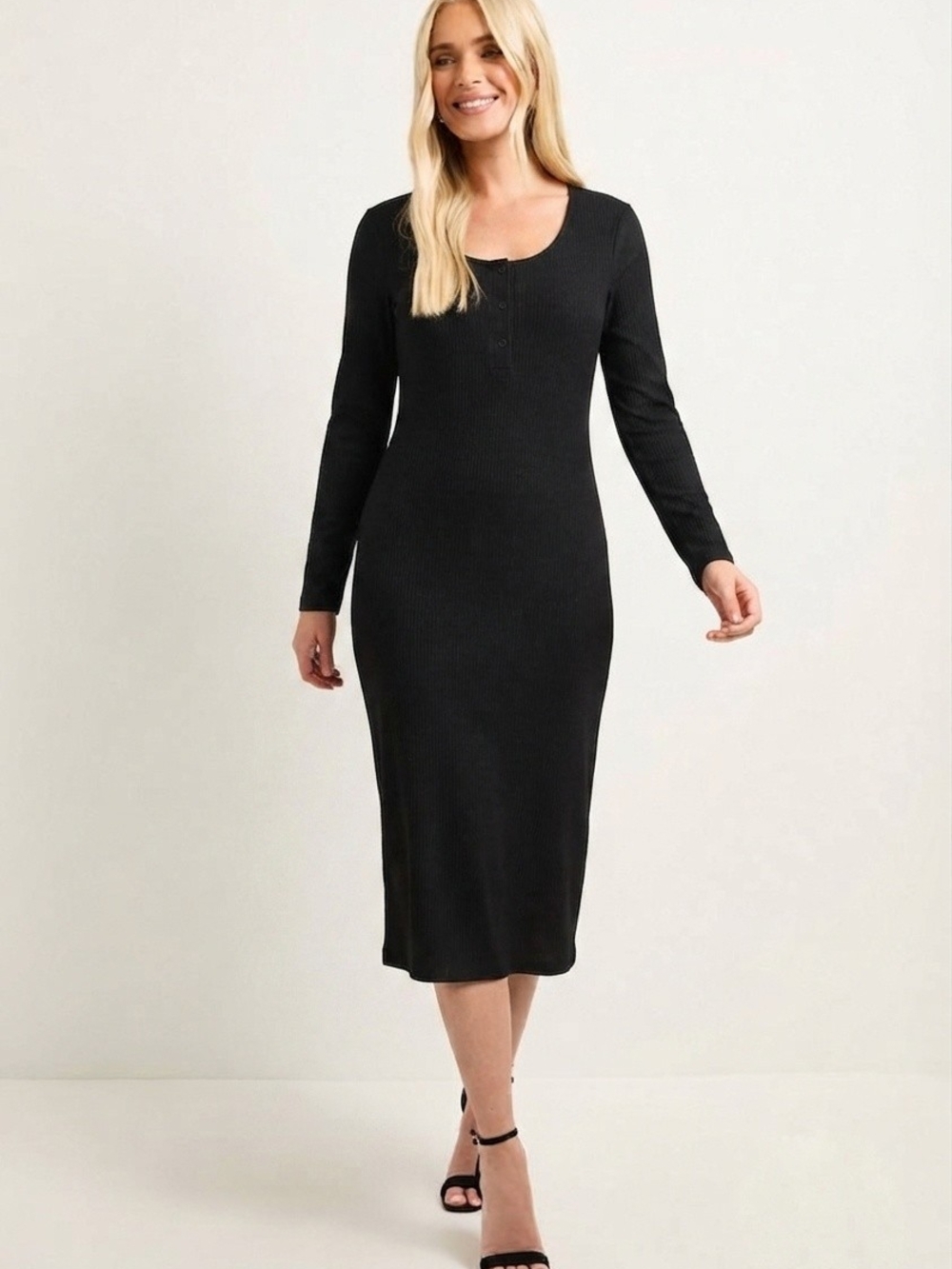 PrettyLittleThing Black Ribbed Midi Dress Button Front Long Sleeve Size 14